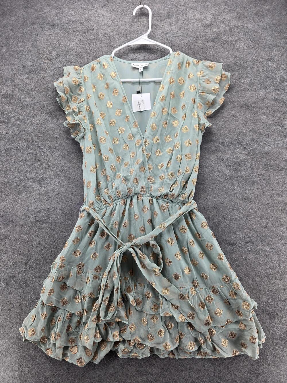Karina Grimaldi Dress Womens M Green Wrap Short Chiffon Ruffle Lined V-Neck